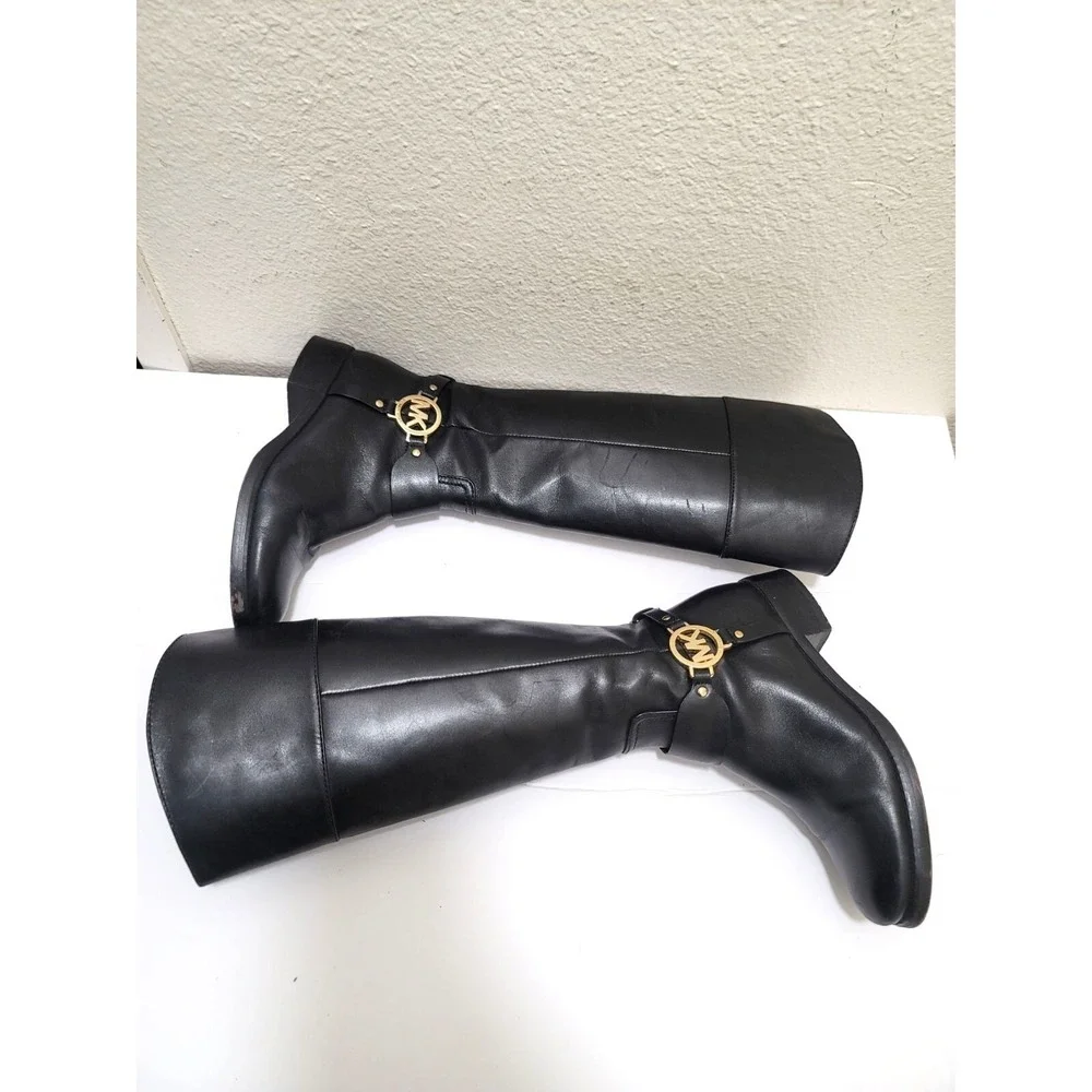 Michael Kors Womens Black Leather Knee-High Riding Boots With Gold MK Logo & Sid